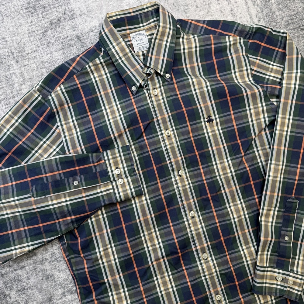 Brooks Brothers Shirt Mens Large Green Plaid Regent Fit Supima Cotton Non‎ Iron